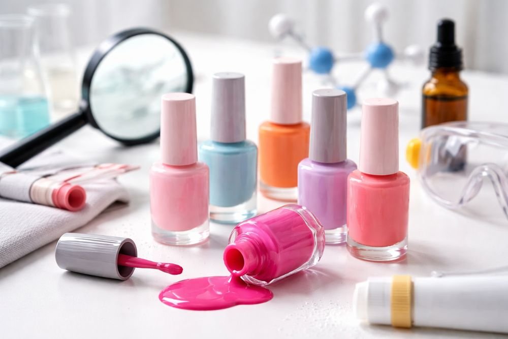 Nail polish bottles with spilled polish in a lab setting