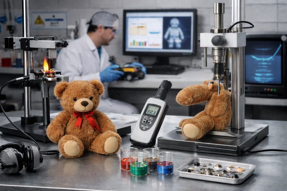 Toy safety testing being conducted in a laboratory on a teddy bear