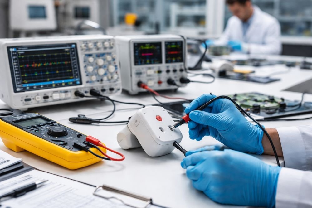 Technician testing an electronic device with probes in a modern laboratory setup