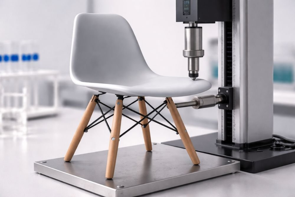 Plastic chair undergoing compression strength testing in a laboratory setup