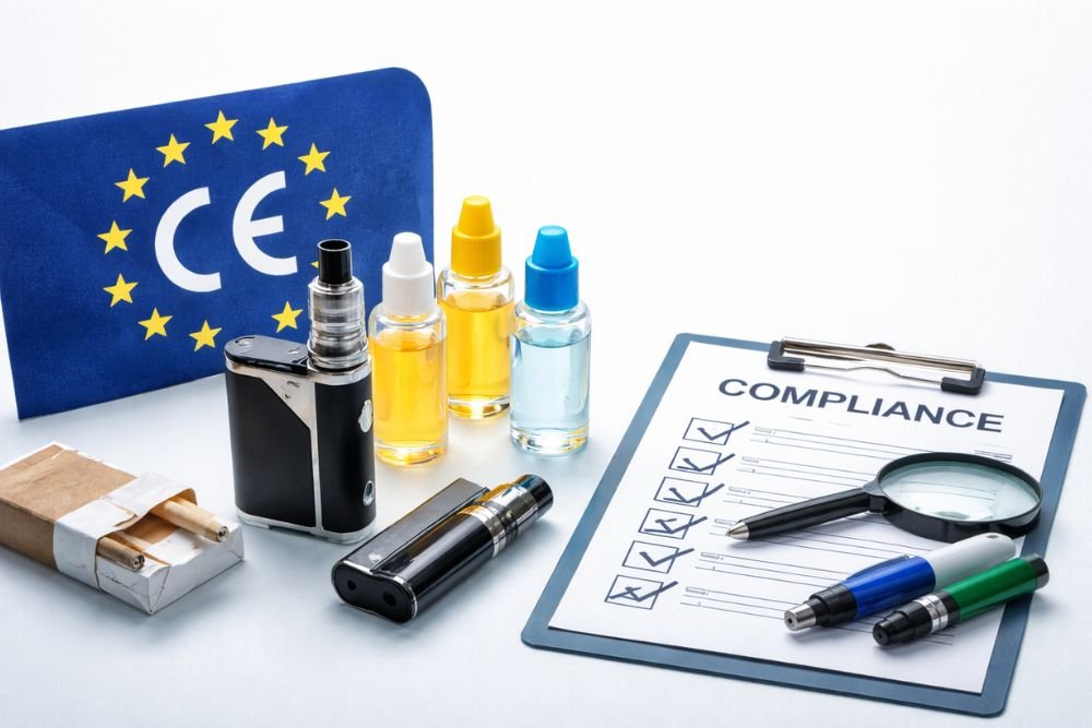 Laboratory testing setup for tobacco and vape products with compliance checklist.