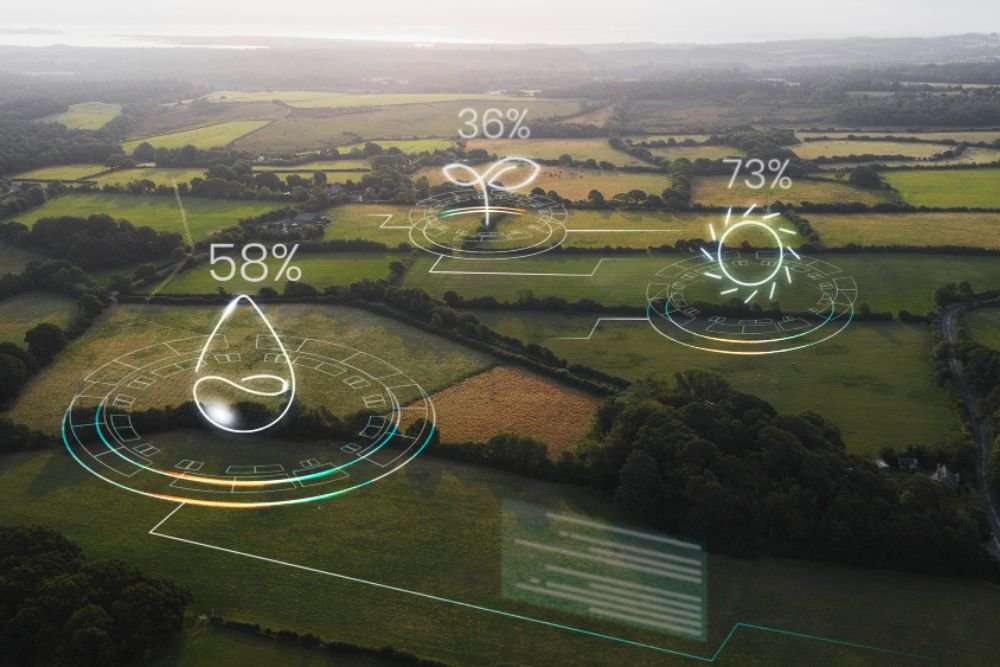 Farmland with digital data overlay showing environmental monitoring.