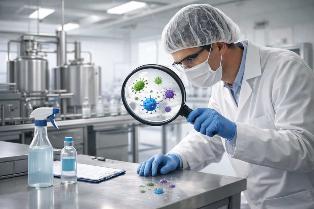 Minimal lab scientist inspecting microbial contamination in factory