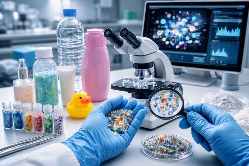 Laboratory testing microplastics in consumer products with microscope