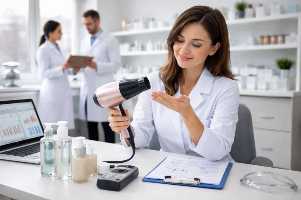 Product safety testing of an electronic device in a modern laboratory environment.