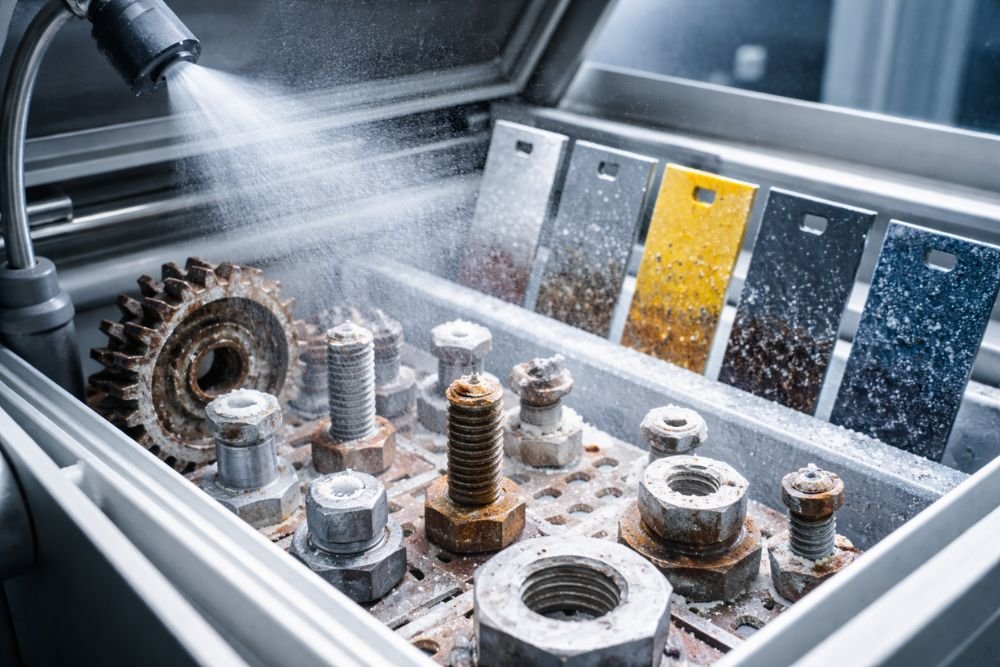 Salt spray corrosion test on metal parts in lab chamber