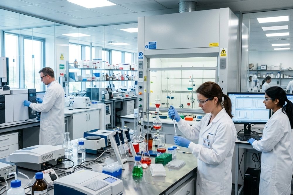 Scientists conducting chemical testing in a modern laboratory