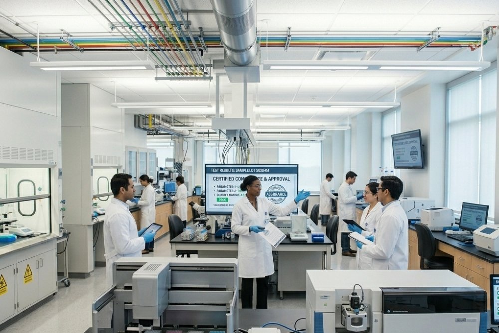 Scientists reviewing results in a chemical testing laboratory