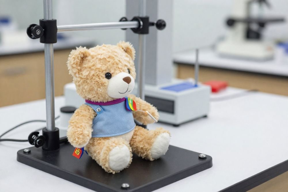 Plush toy undergoing safety testing in a toy testing laboratory.