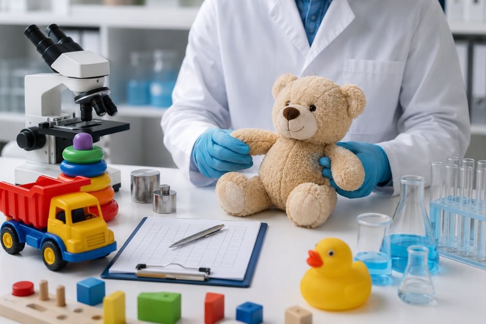 Laboratory technician testing toys in laboratory