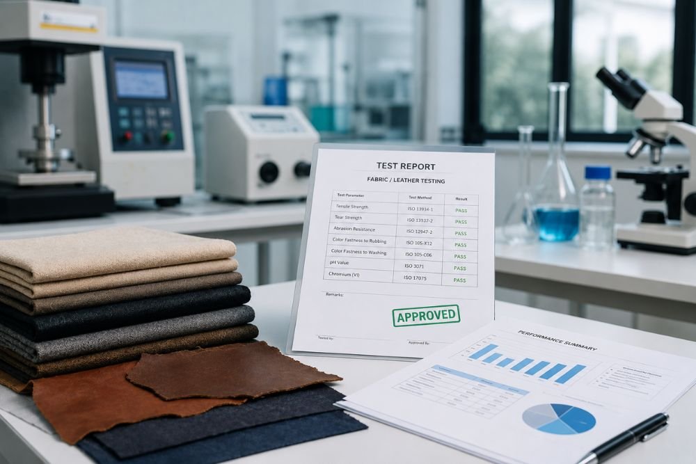 Approved fabric and leather testing report with material samples in a laboratory.