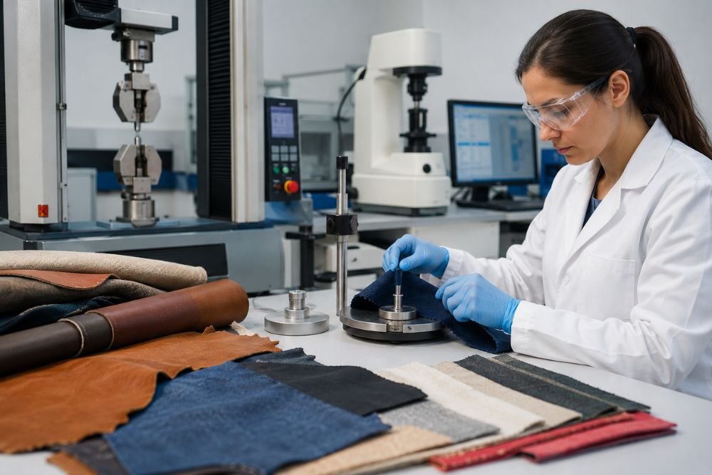 Technician conducting fabric and leather quality testing in a laboratory.