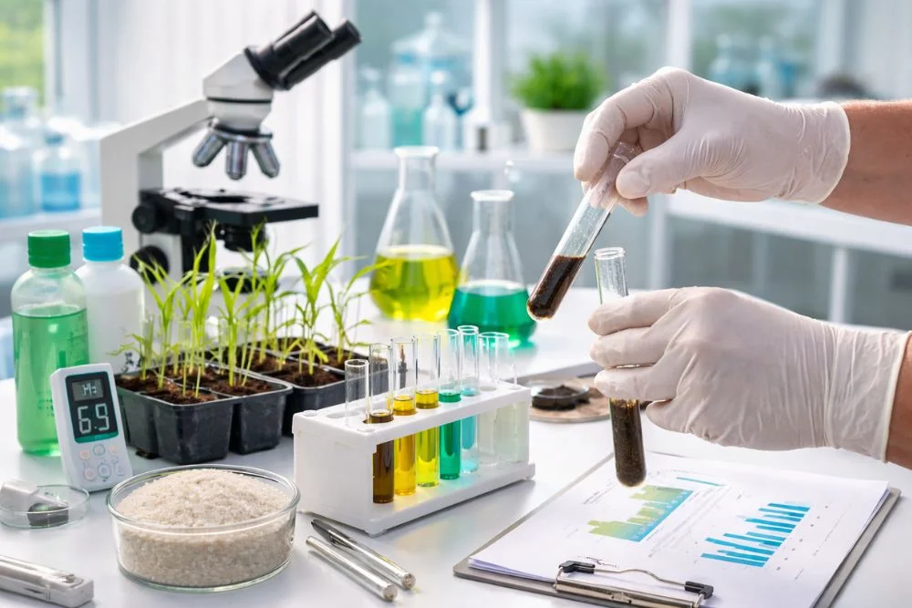 Laboratory technician analyzing fertilizer samples to ensure nutrient accuracy and agricultural quality.