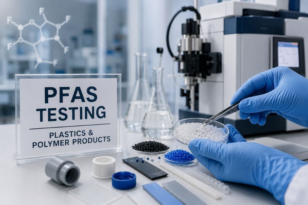 Laboratory testing polymer pellets for PFAS analysis and material compliance.