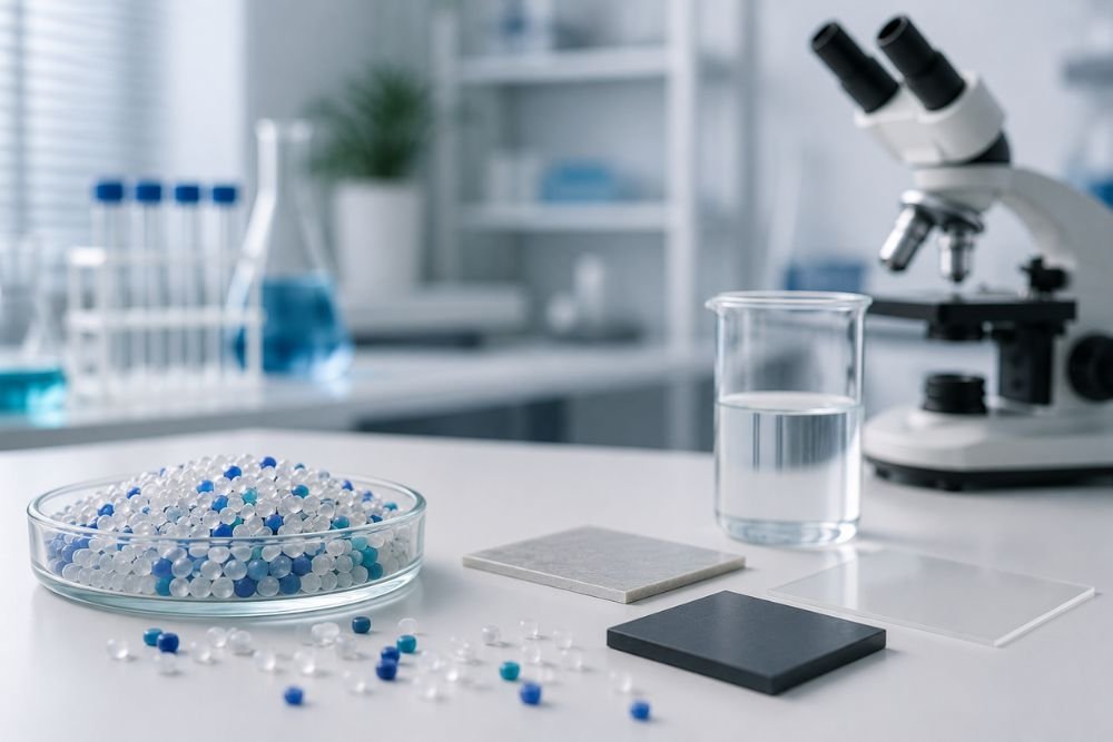 Plastic polymer samples prepared for laboratory material testing and analysis.