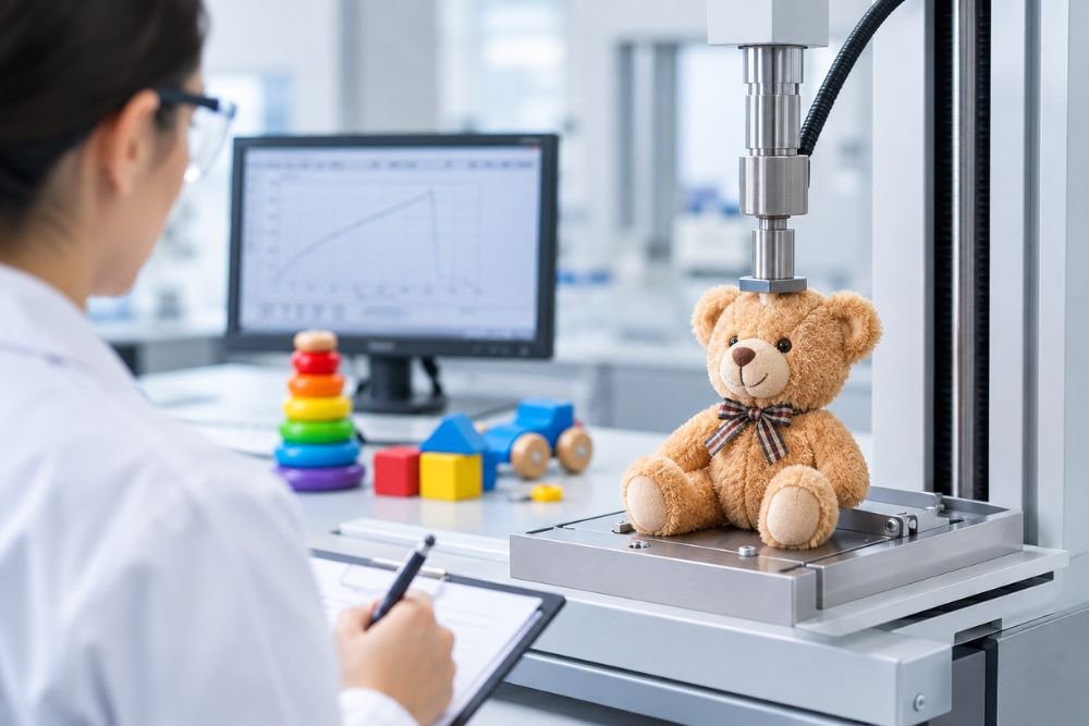 Teddy bear undergoing toy safety testing in a laboratory